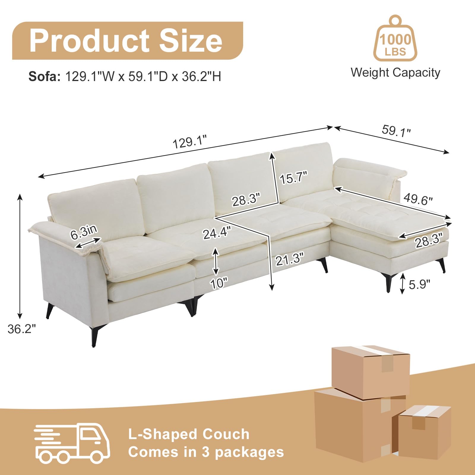 Amazon.com: VINGLI 129” Oversized L-Shaped Cloud Sectional